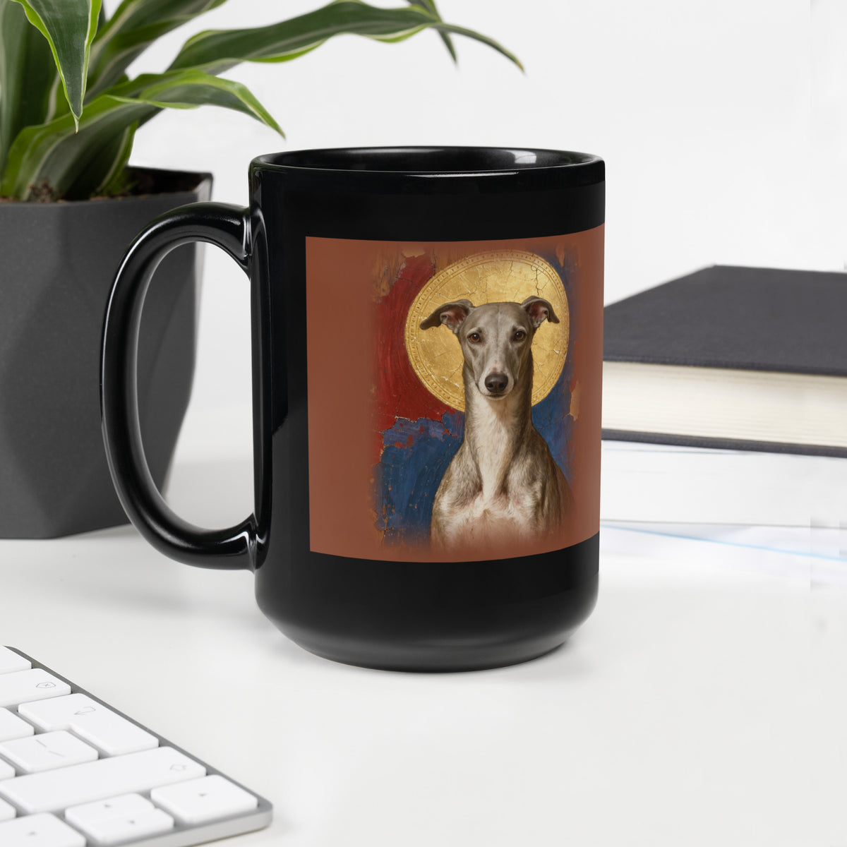 pet memorial portrait – product photo, handle on left – Gold-Leaf Icon Mug