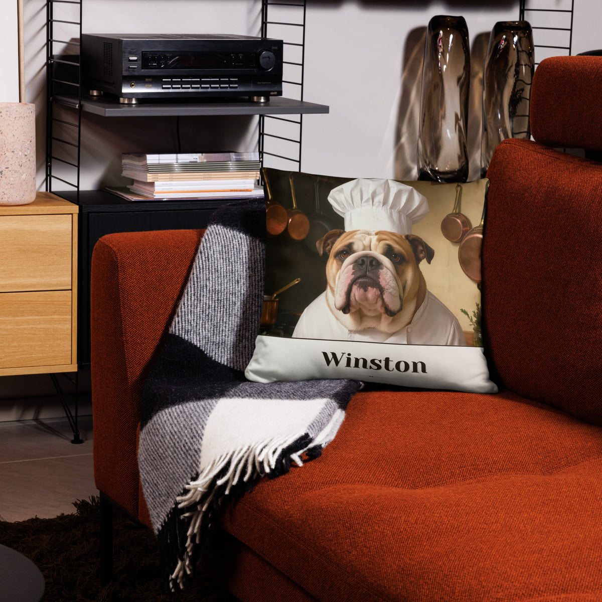 custom dog portrait – lifestyle photo – Chef de Cuisine Pillow
