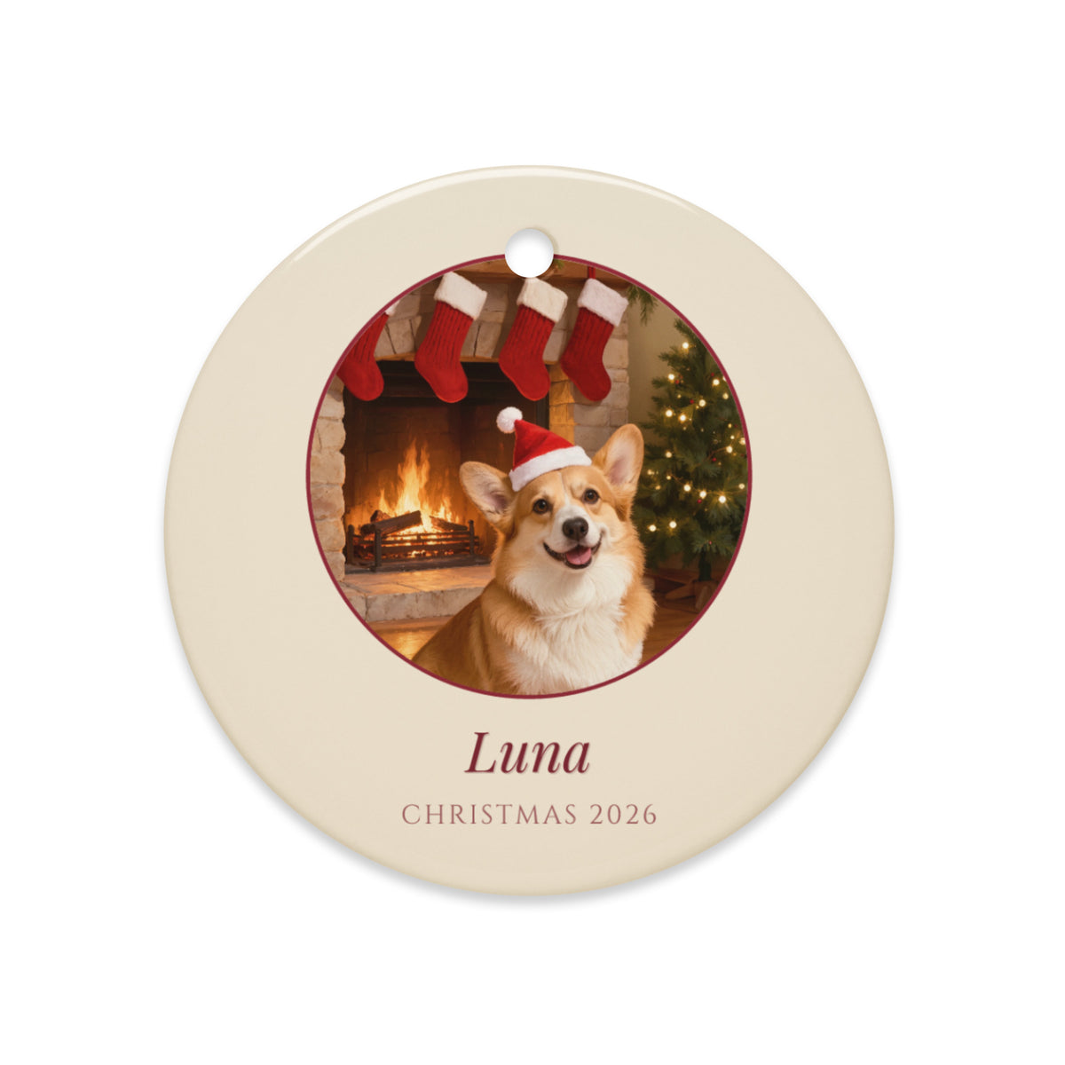 christmas pet portrait – lifestyle photo – Christmas Eve by the Fireplace Ornament