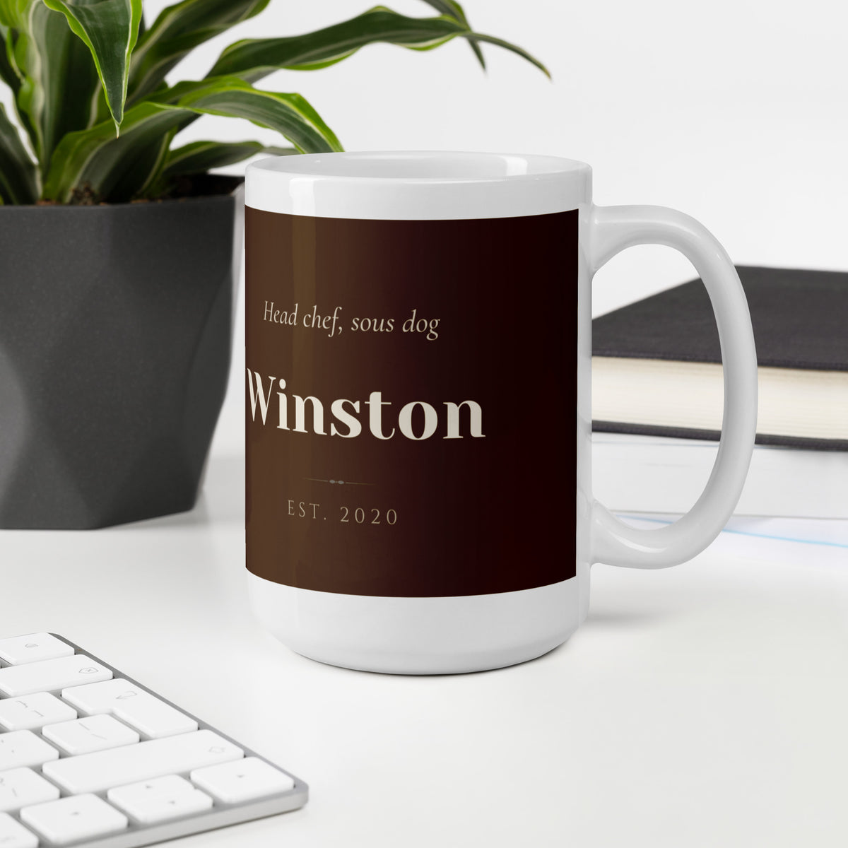 custom dog portrait – lifestyle photo, office environment – Chef de Cuisine Mug