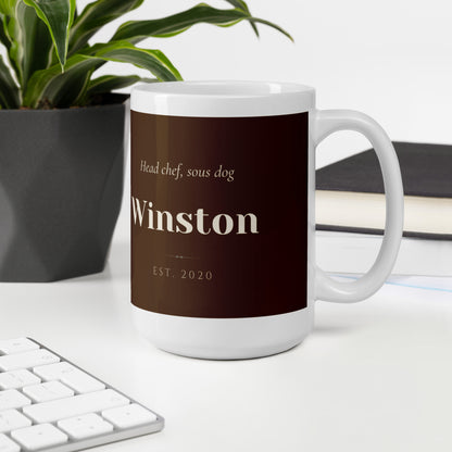 custom dog portrait – lifestyle photo, office environment – Chef de Cuisine Mug