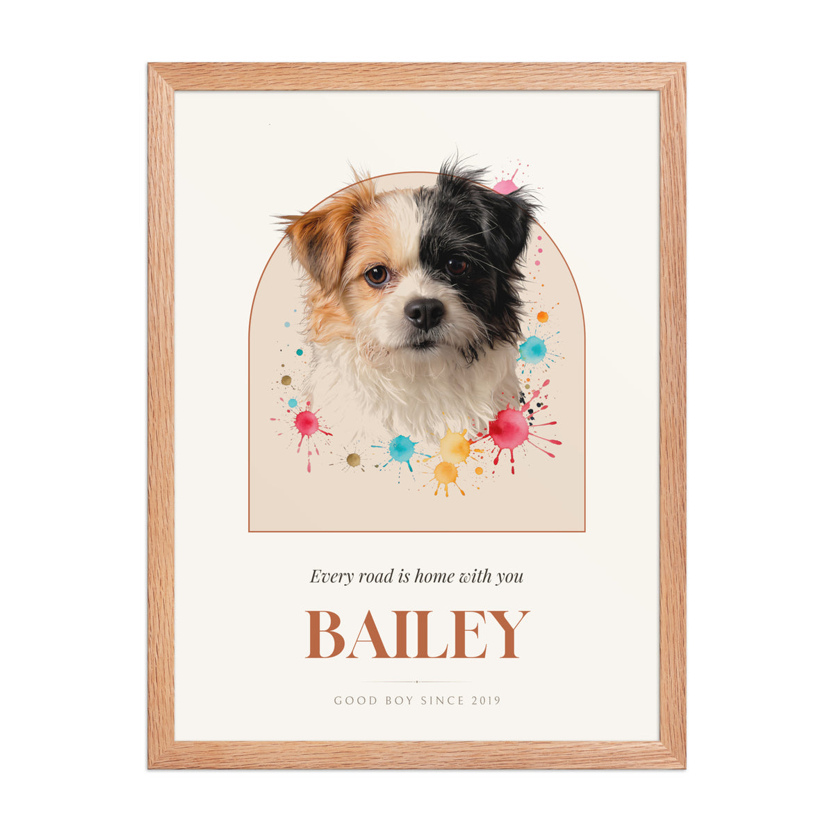 Watercolor Splash Dog Portrait – front view – Framed Print