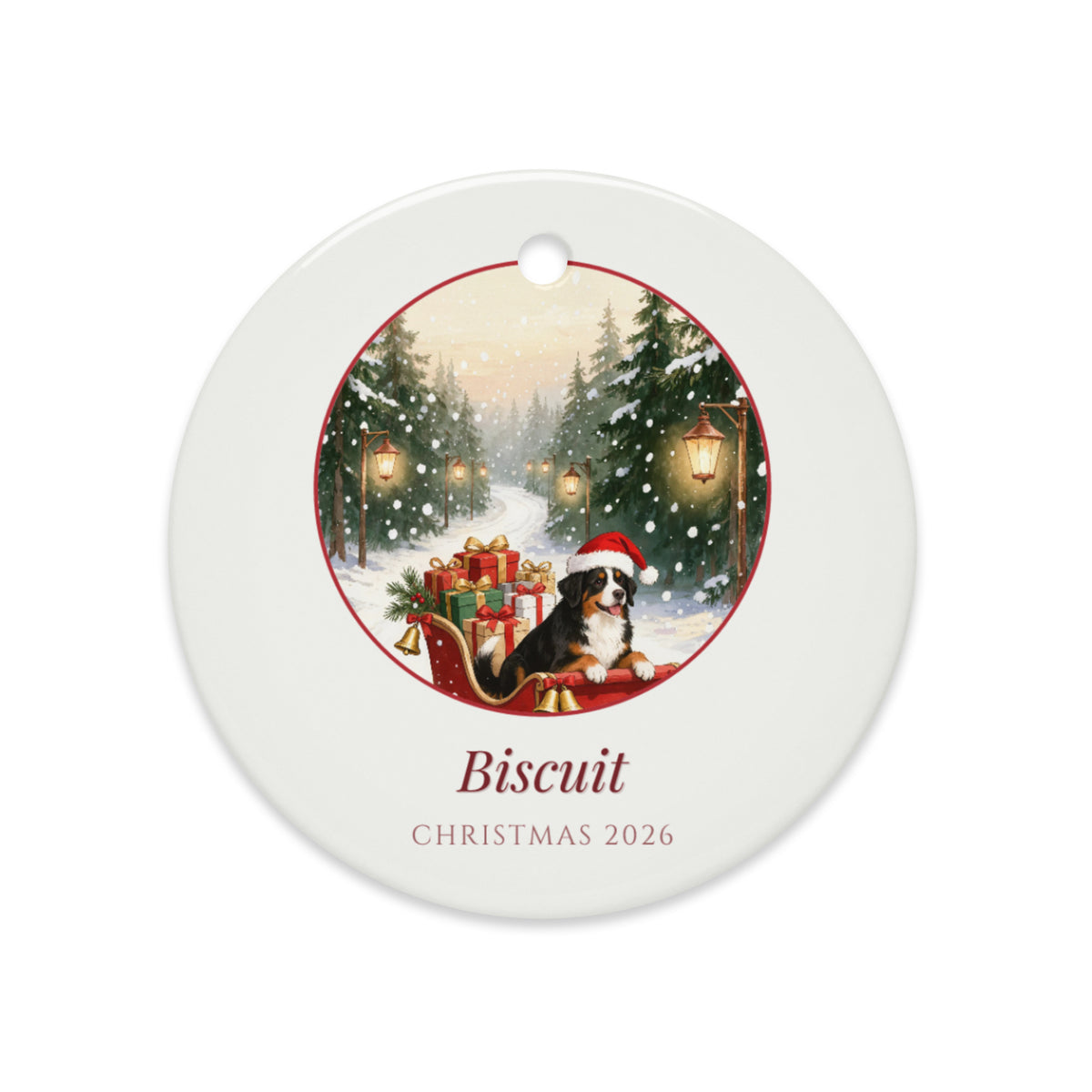 christmas pet portrait – lifestyle photo – Delivering Presents Ornament