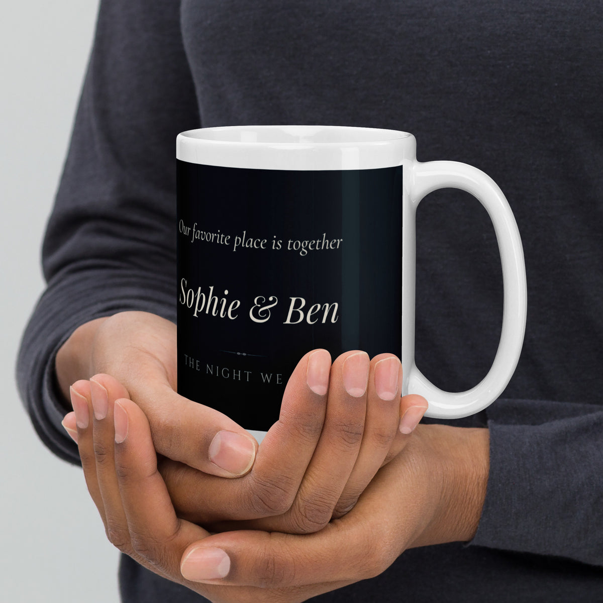 custom couple portrait – lifestyle photo, handle on right – White Glossy Mug