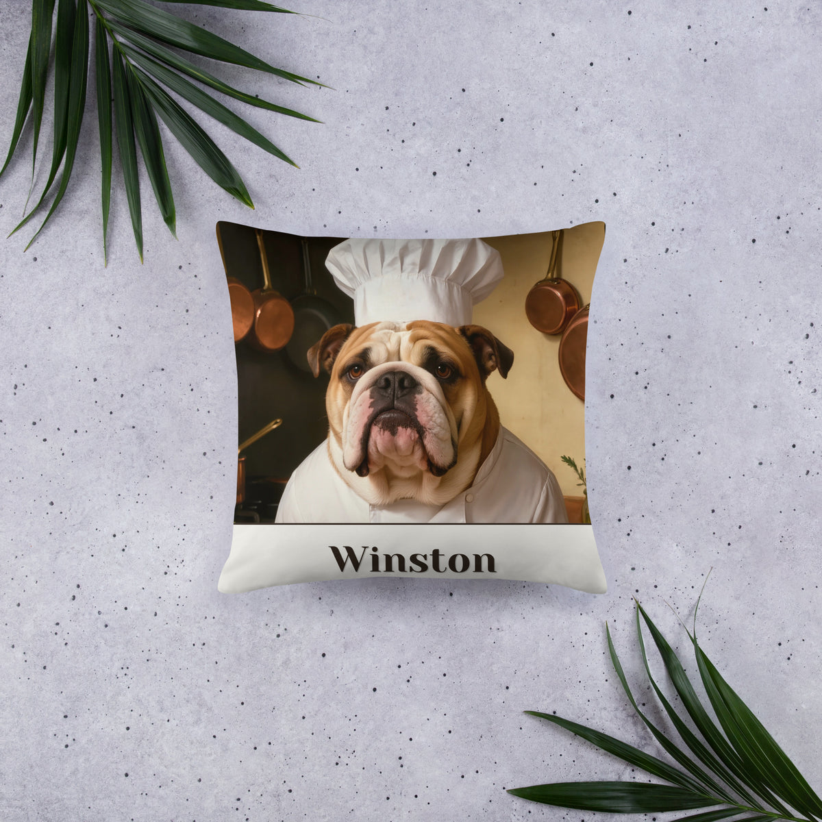 custom dog portrait – front view – Chef de Cuisine Pillow