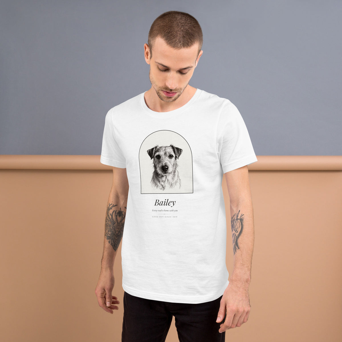 Pencil Sketch Dog Portrait – lifestyle photo – T-Shirt