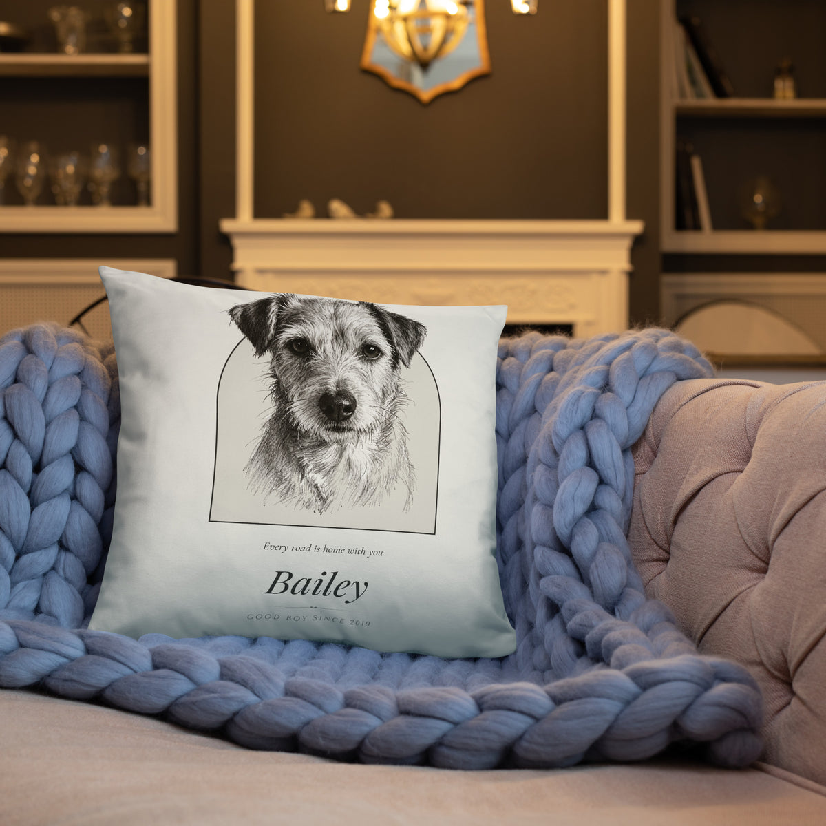 Pencil Sketch Dog Portrait – lifestyle photo, front lifestyle 3 – Throw Pillow