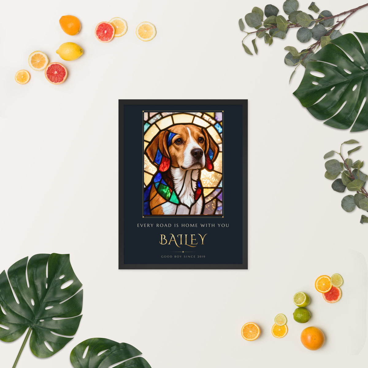 Stained Glass Dog Portrait – lifestyle photo, spring/summer – Framed Print