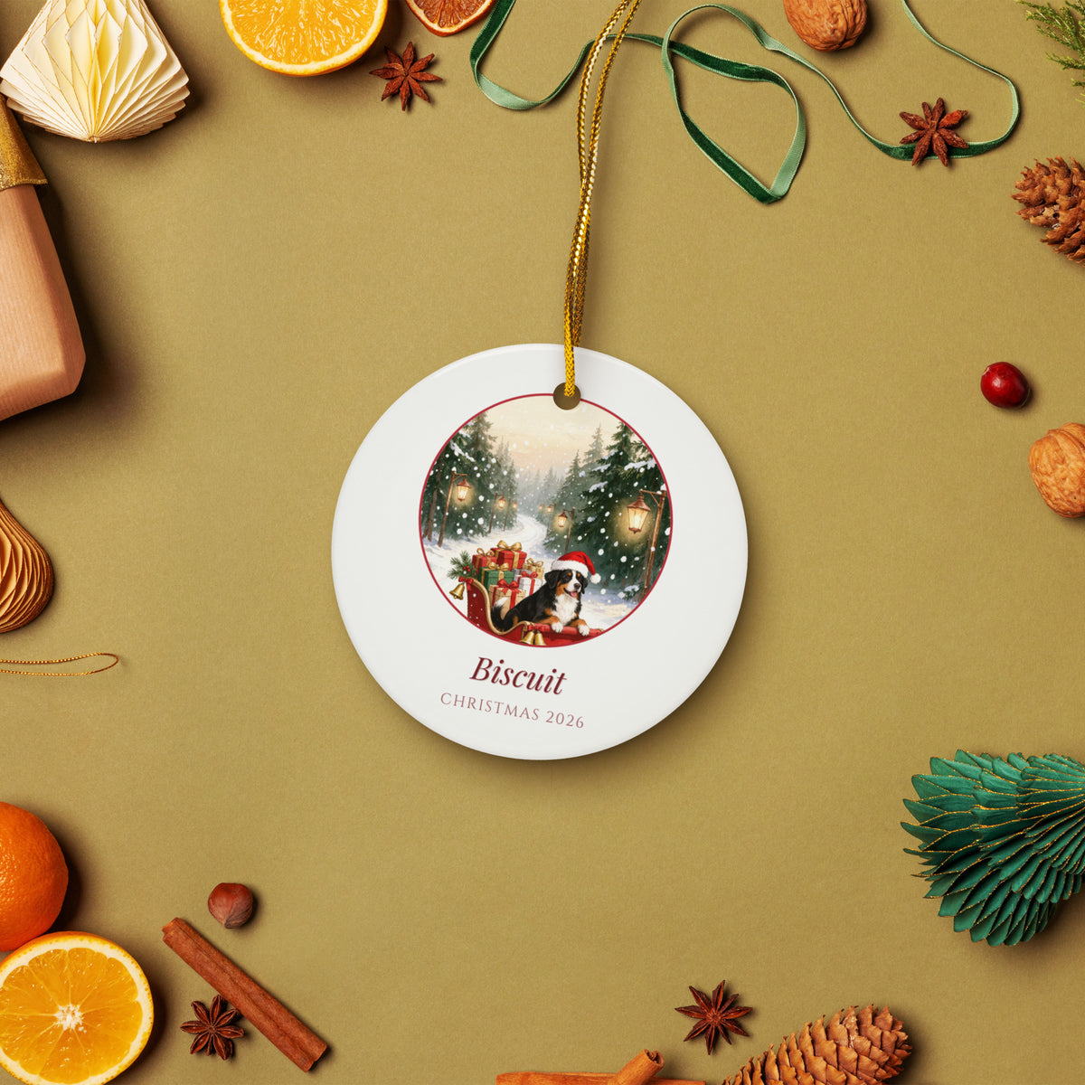 christmas pet portrait – lifestyle photo – Delivering Presents Ornament