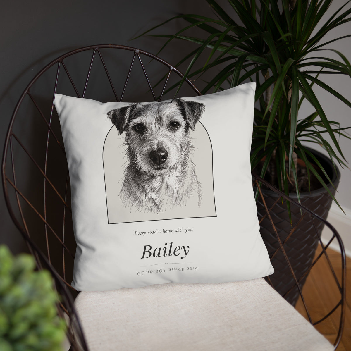 Pencil Sketch Dog Portrait – product photo, front lifestyle 4 – Throw Pillow
