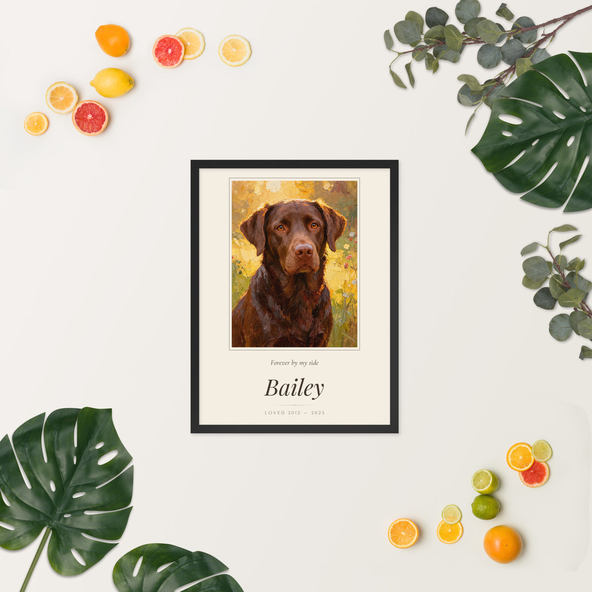 Oil Painting Pet Memorial Portrait – lifestyle photo, spring/summer – Framed Print
