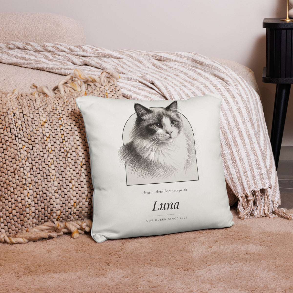 Pencil Sketch Cat Portrait – lifestyle photo – Throw Pillow