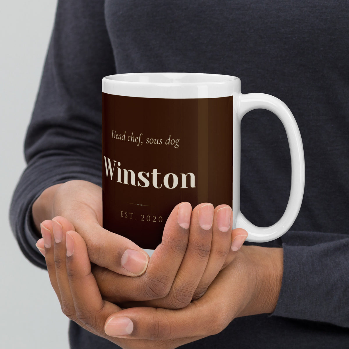 custom dog portrait – lifestyle photo, handle on right – Chef de Cuisine Mug