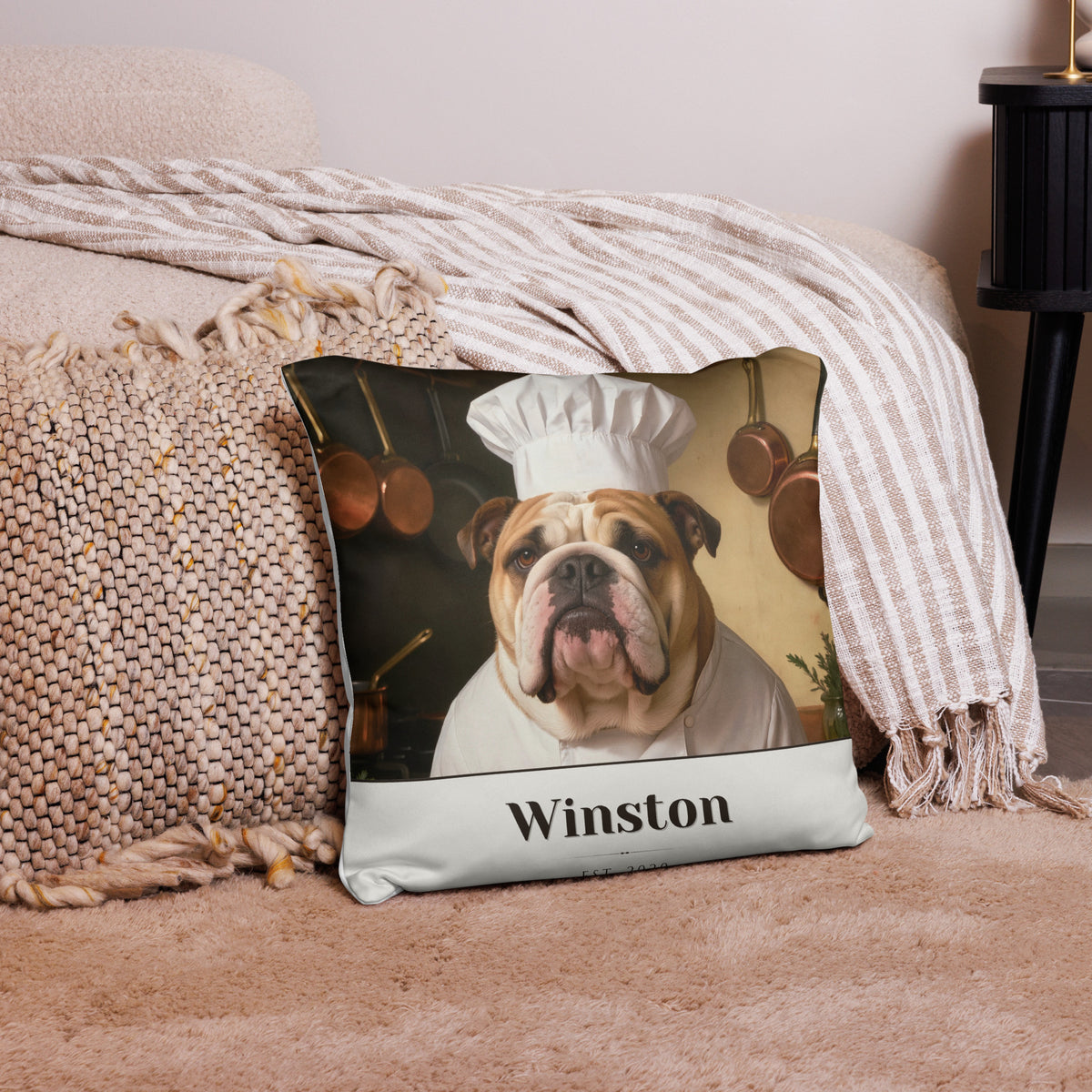 custom dog portrait – lifestyle photo – Chef de Cuisine Pillow