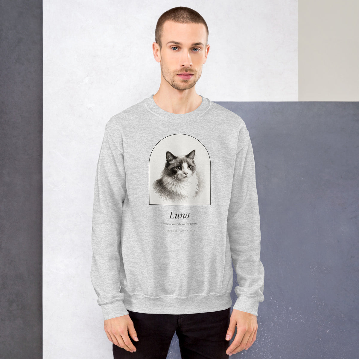 Pencil Sketch Cat Portrait – lifestyle photo – Crewneck Sweatshirt