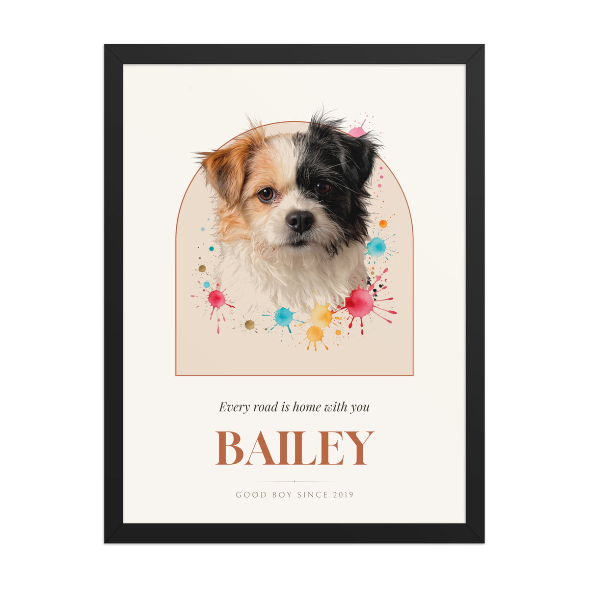 Watercolor Splash Dog Portrait – product photo – Framed Print