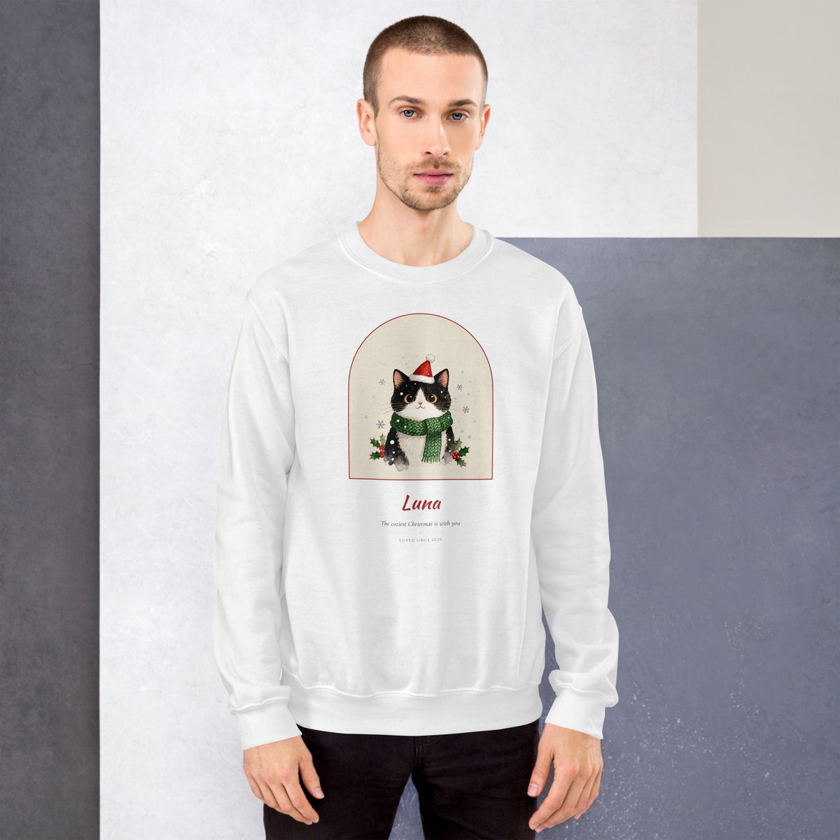 Christmas Cat Portrait Gift for Mom – lifestyle photo – Crewneck Sweatshirt