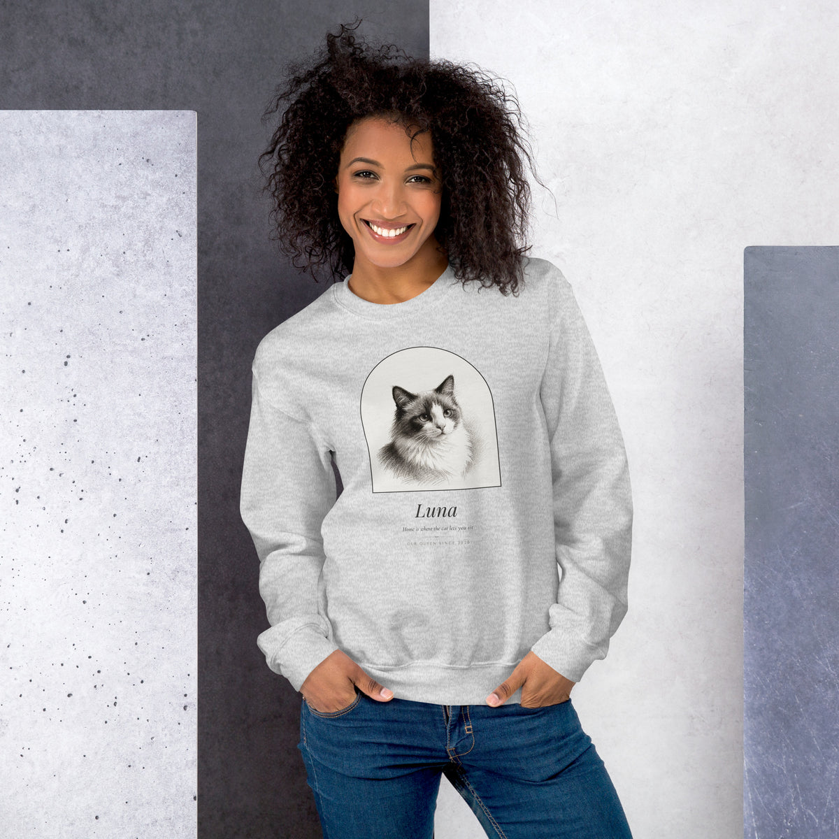 Pencil Sketch Cat Portrait – lifestyle photo – Crewneck Sweatshirt