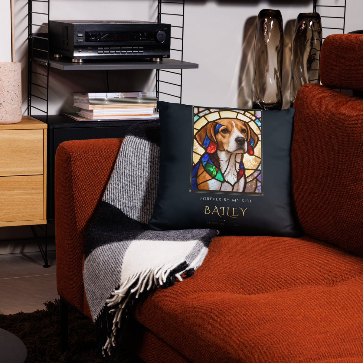 Stained Glass Pet Memorial Portrait – lifestyle photo – Throw Pillow