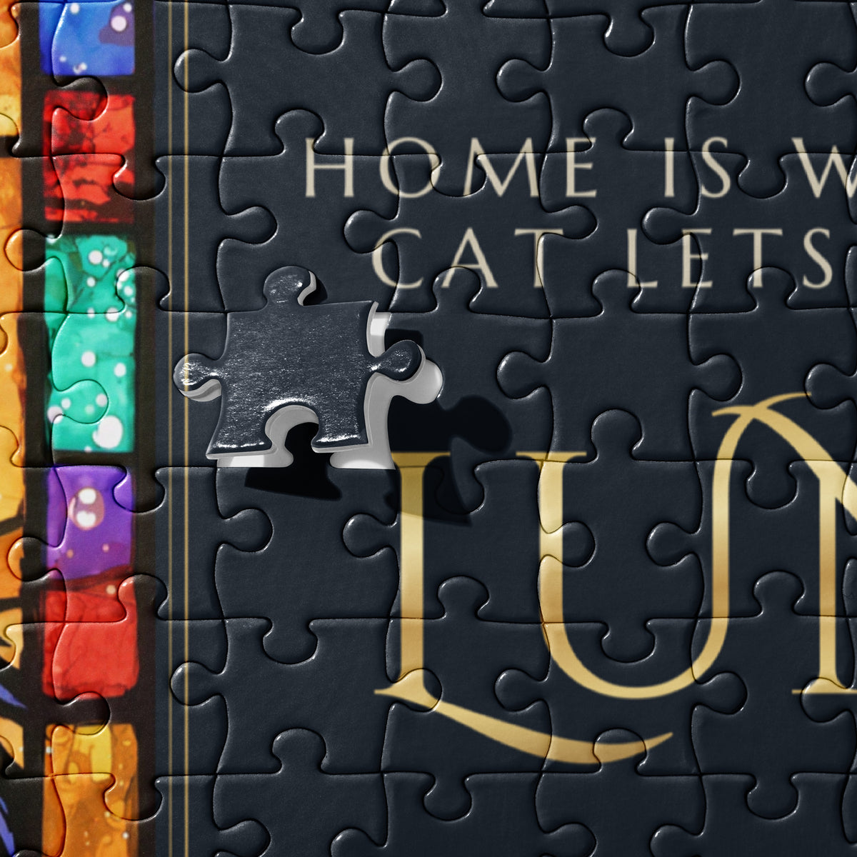Stained Glass Cat Portrait – close-up, product details – Jigsaw Puzzle