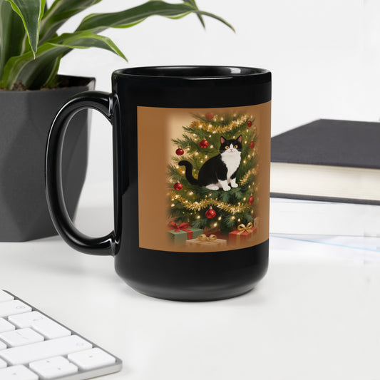 christmas cat portrait – product photo, handle on left – Up the Christmas Tree Mug