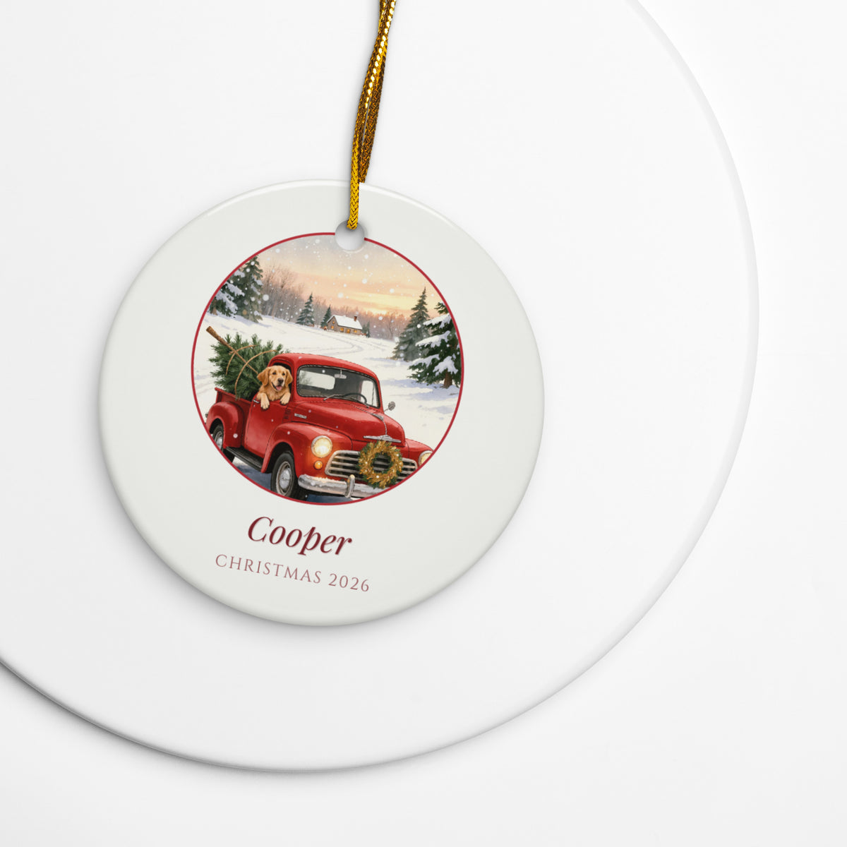 christmas pet portrait – lifestyle photo – Little Red Truck Christmas Ornament