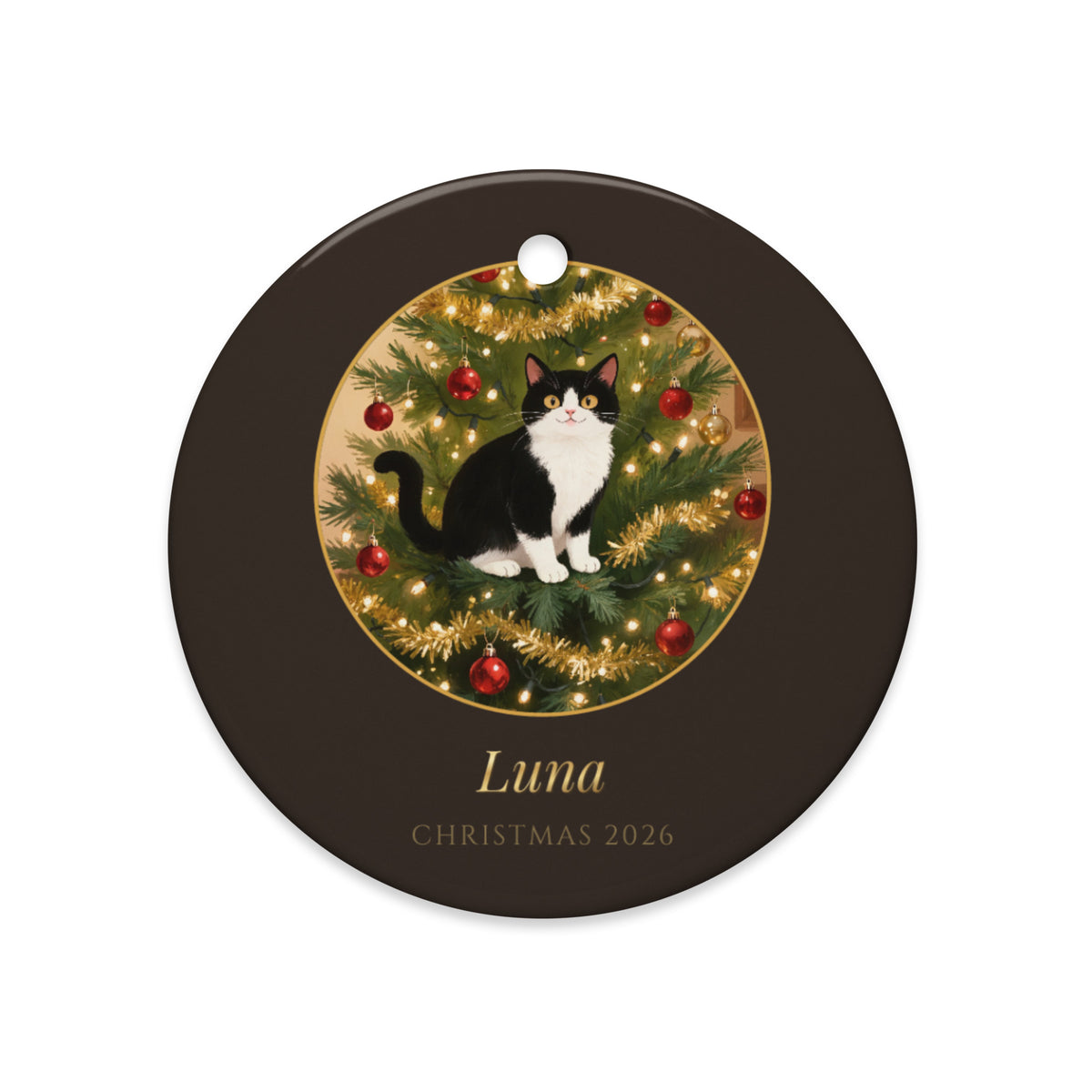 christmas cat portrait – lifestyle photo – Up the Christmas Tree Ornament
