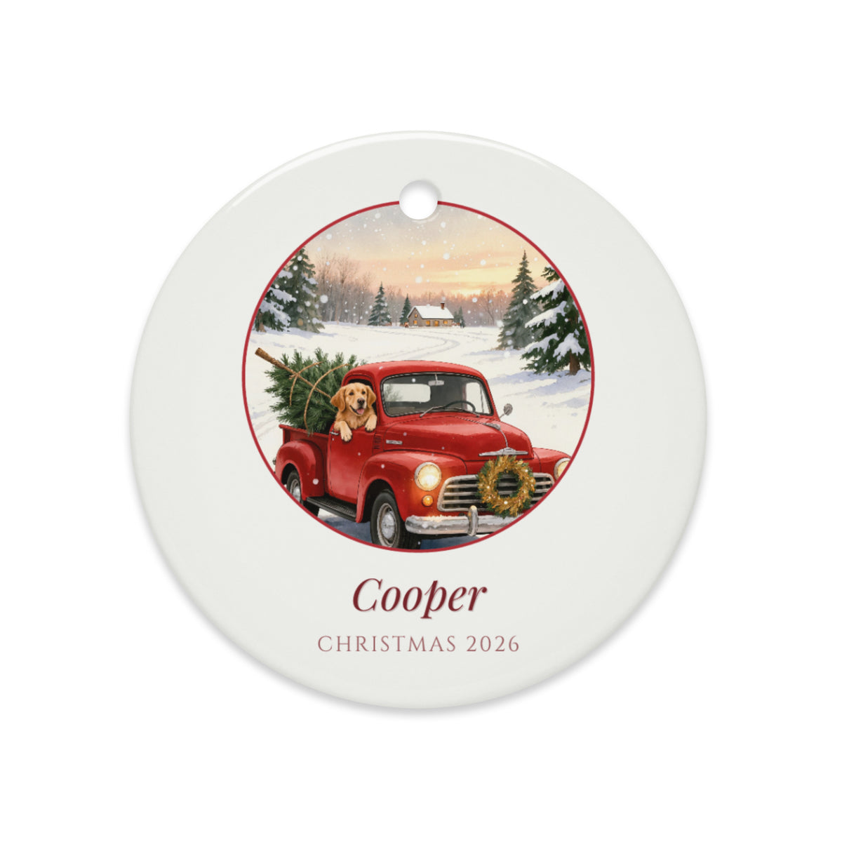 christmas pet portrait – lifestyle photo – Little Red Truck Christmas Ornament