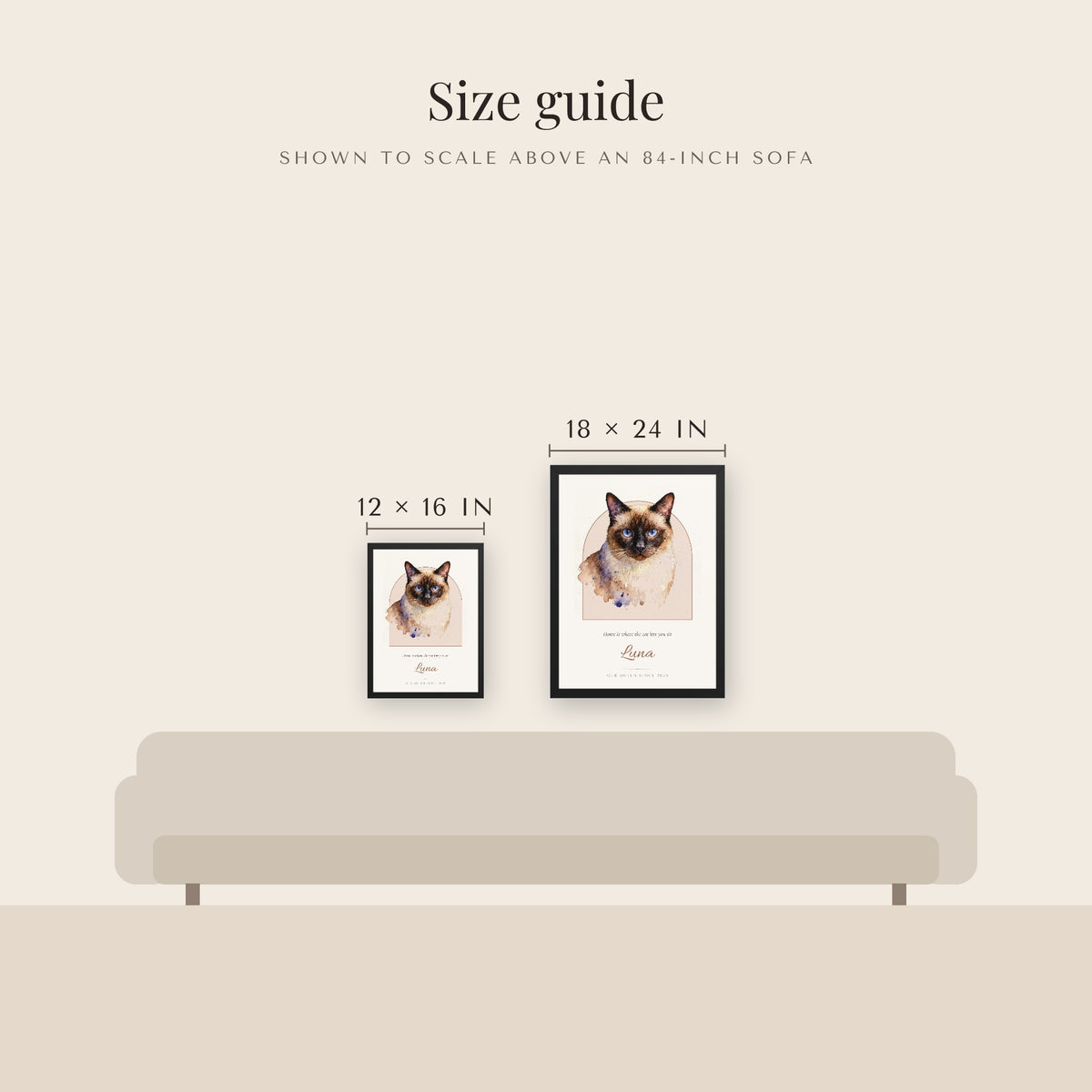 Watercolor Cat Portrait – size guide – Framed Print