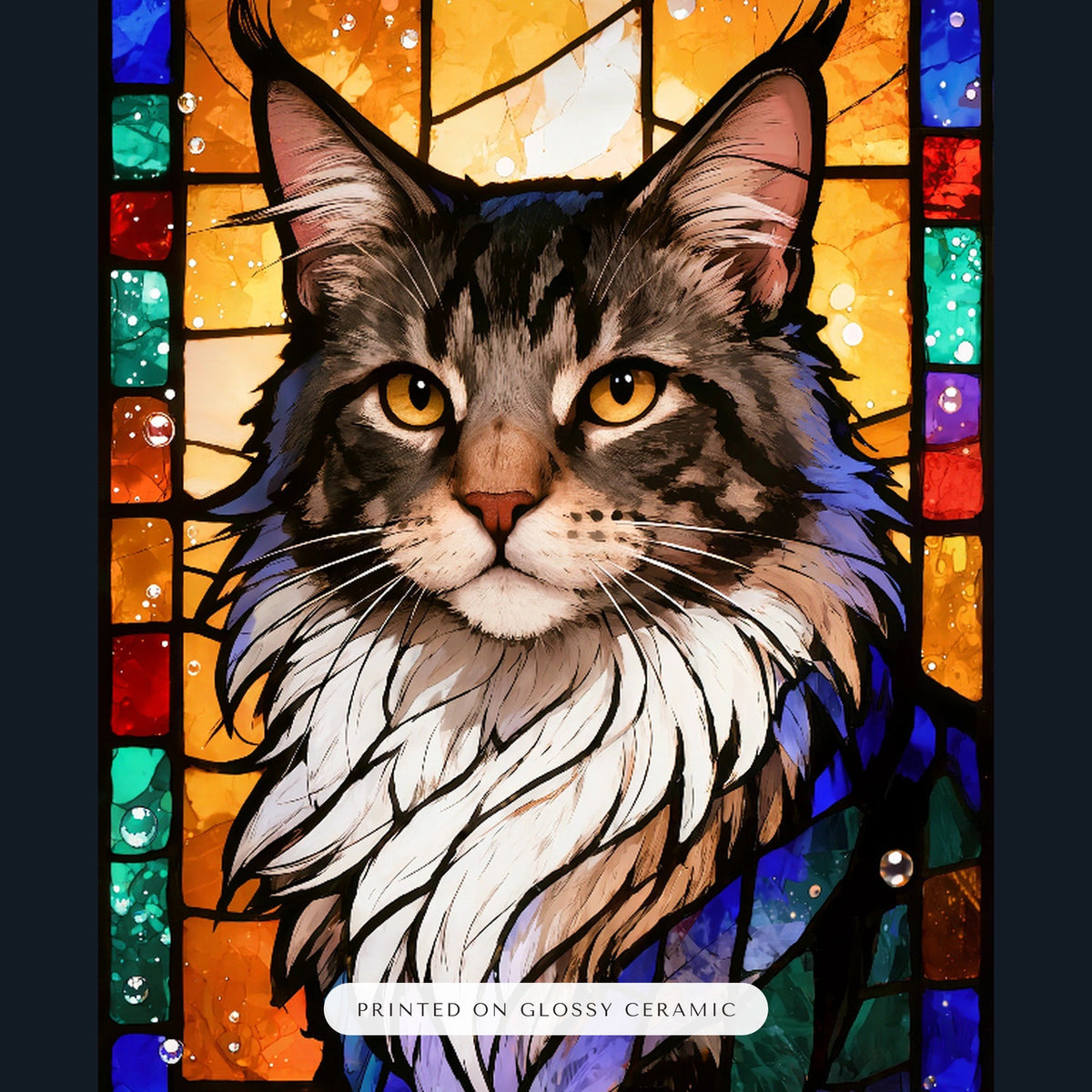 Stained Glass Cat Portrait – close-up of the print – Ceramic Ornament