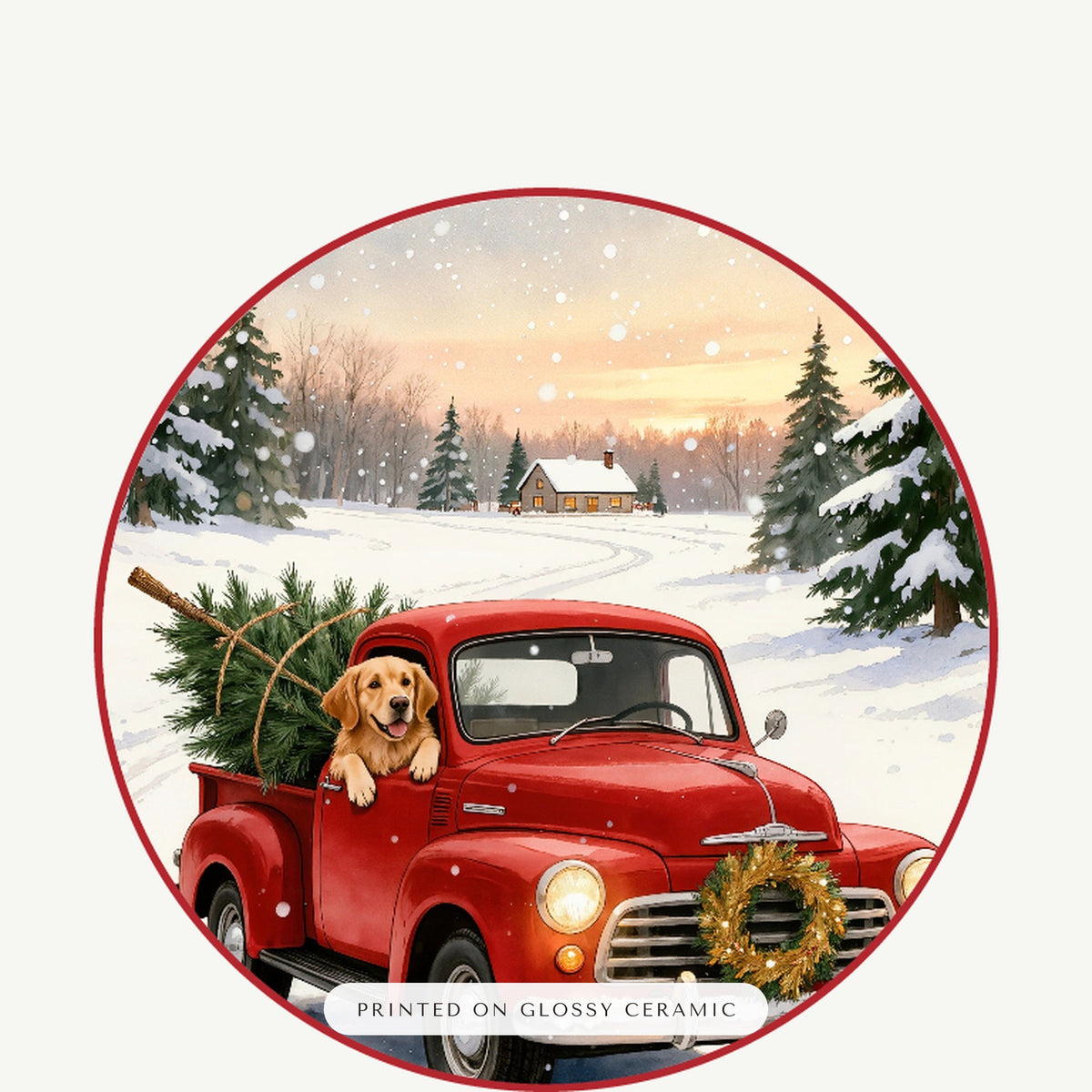 christmas pet portrait – close-up of the print – Little Red Truck Christmas Ornament