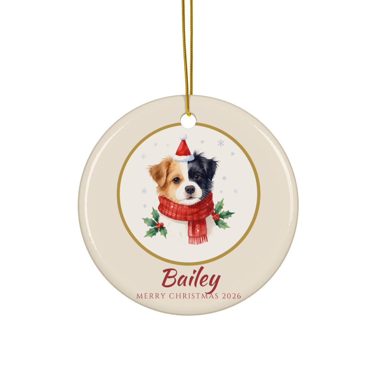 Custom Pet Christmas Ornament 2026 – round ceramic ornament with gold ribbon