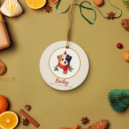 Custom Pet Christmas Ornament 2026 – festive flat lay with orange and pine
