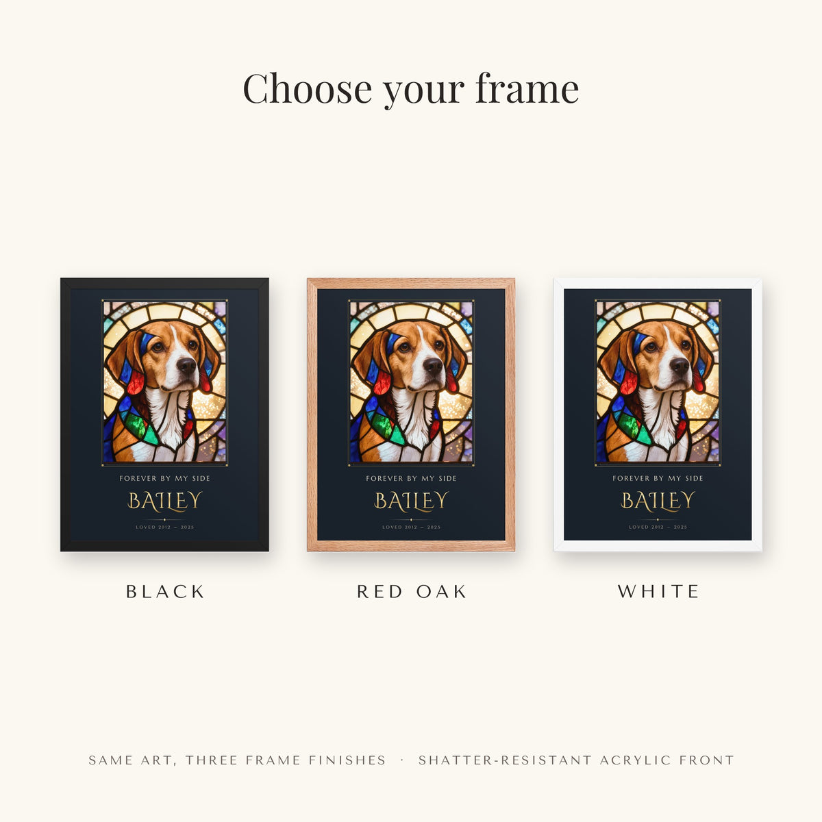 Stained Glass Pet Memorial Portrait – frame colors – Framed Print