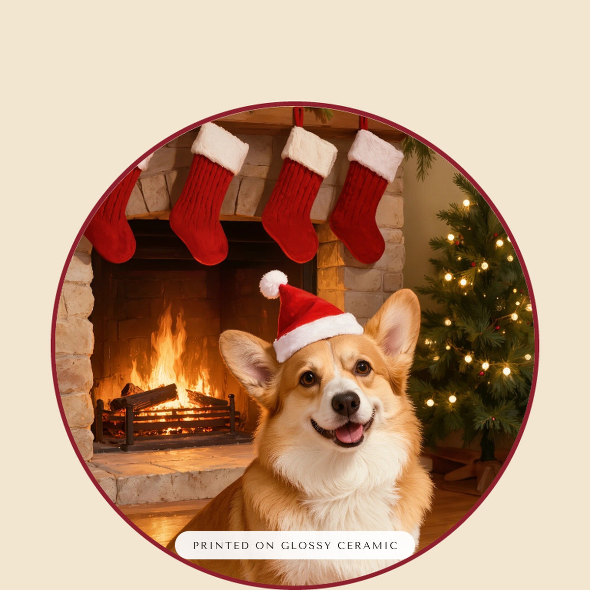 christmas pet portrait – close-up of the print – Christmas Eve by the Fireplace Ornament