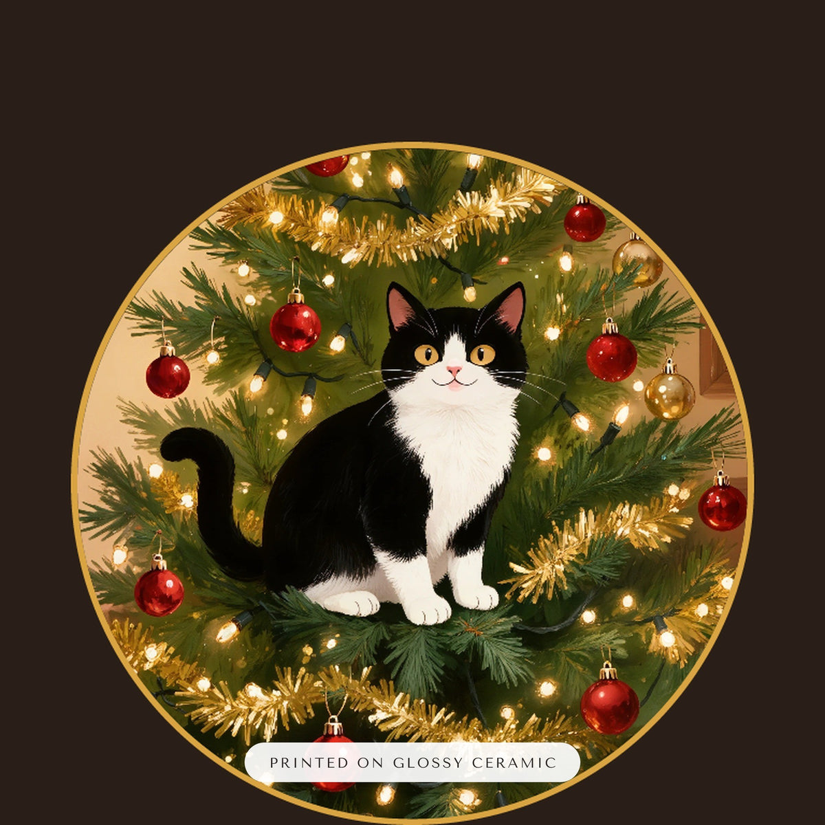 christmas cat portrait – close-up of the print – Up the Christmas Tree Ornament
