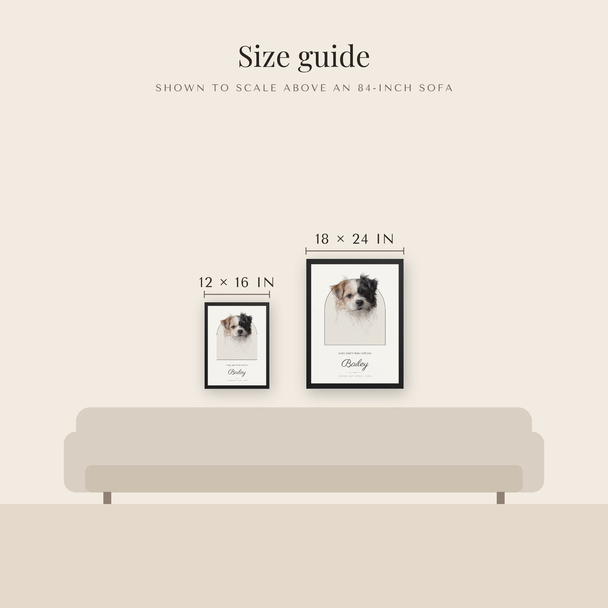 Pencil Sketch Dog Portrait – size guide – Framed Print
