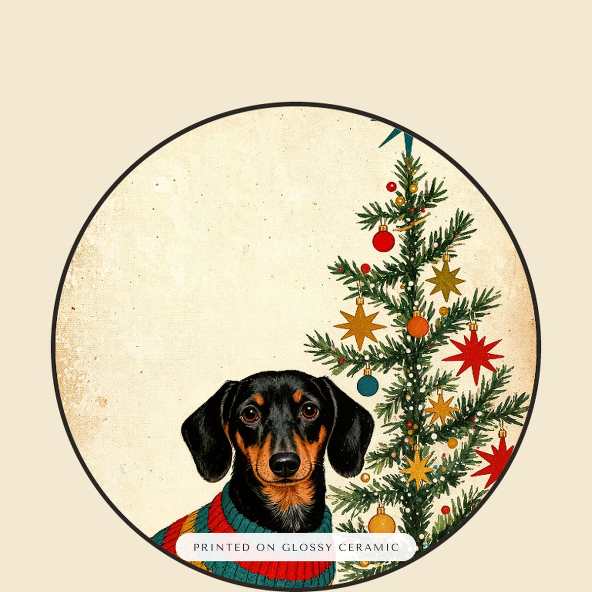 christmas pet portrait – close-up of the print – 1950s Christmas Card Ornament