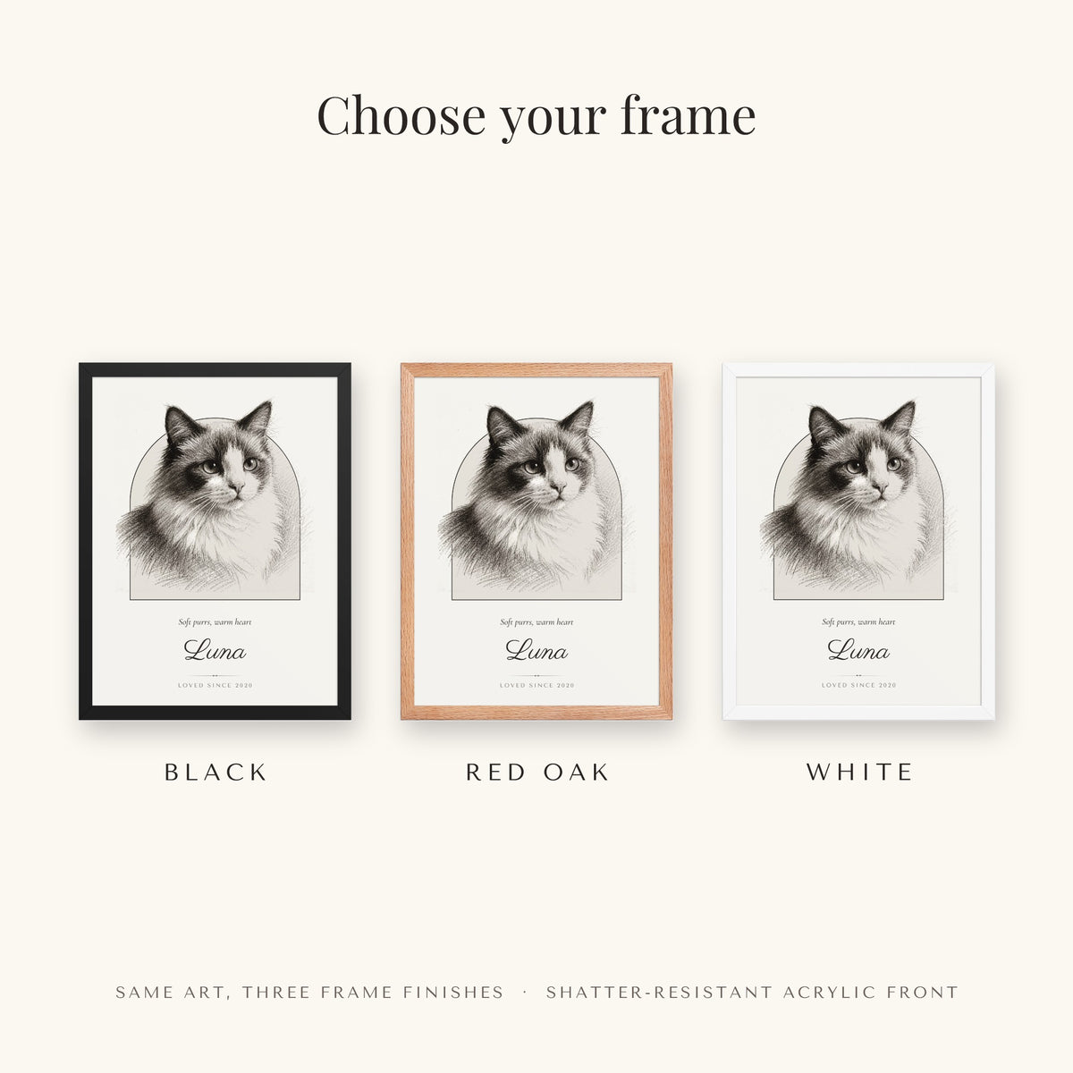 Pencil Sketch Cat Portrait Gift for Mom – frame colors – Framed Print