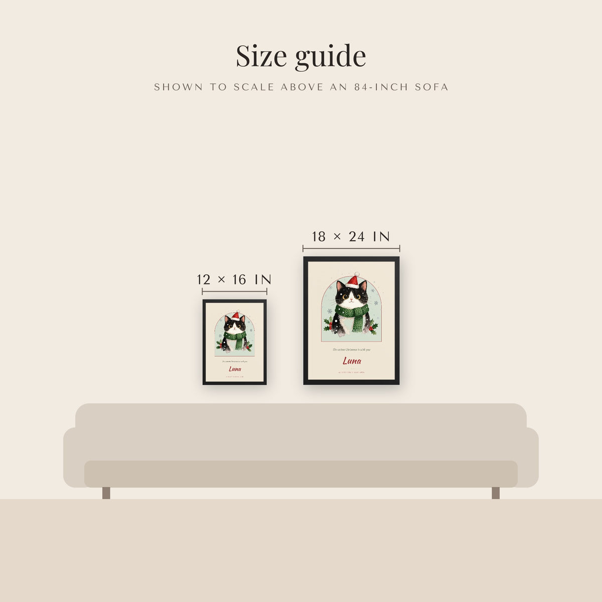 Christmas Cat Portrait – size guide – Framed Print