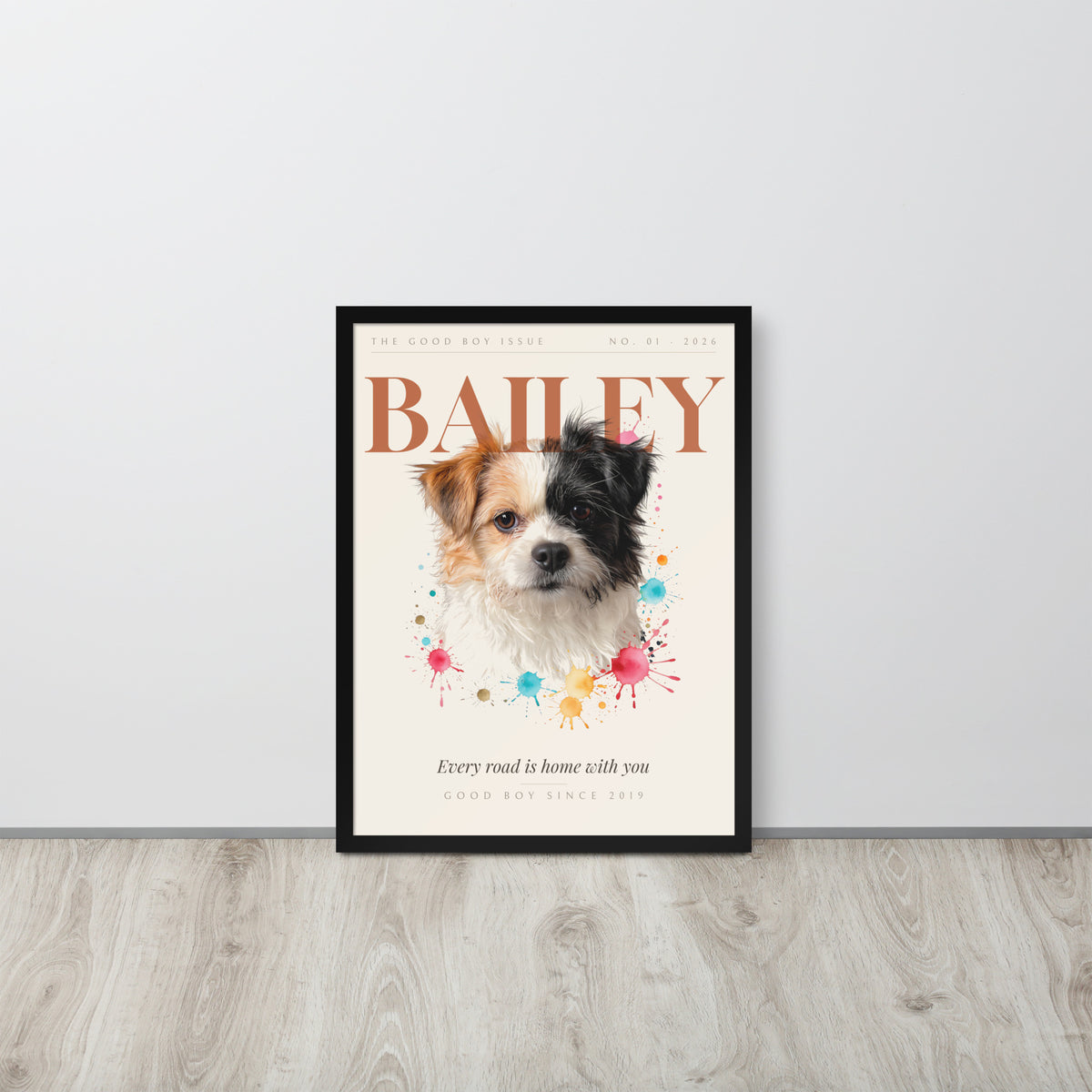 Custom Pet Magazine Cover Portrait – leaning against a light wall