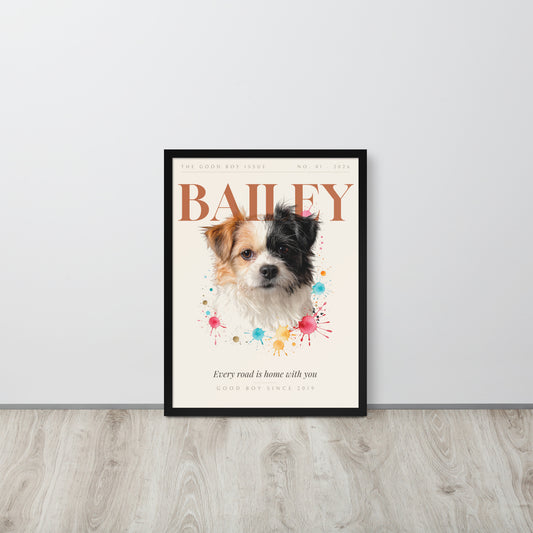 Custom Pet Magazine Cover Portrait – leaning against a light wall