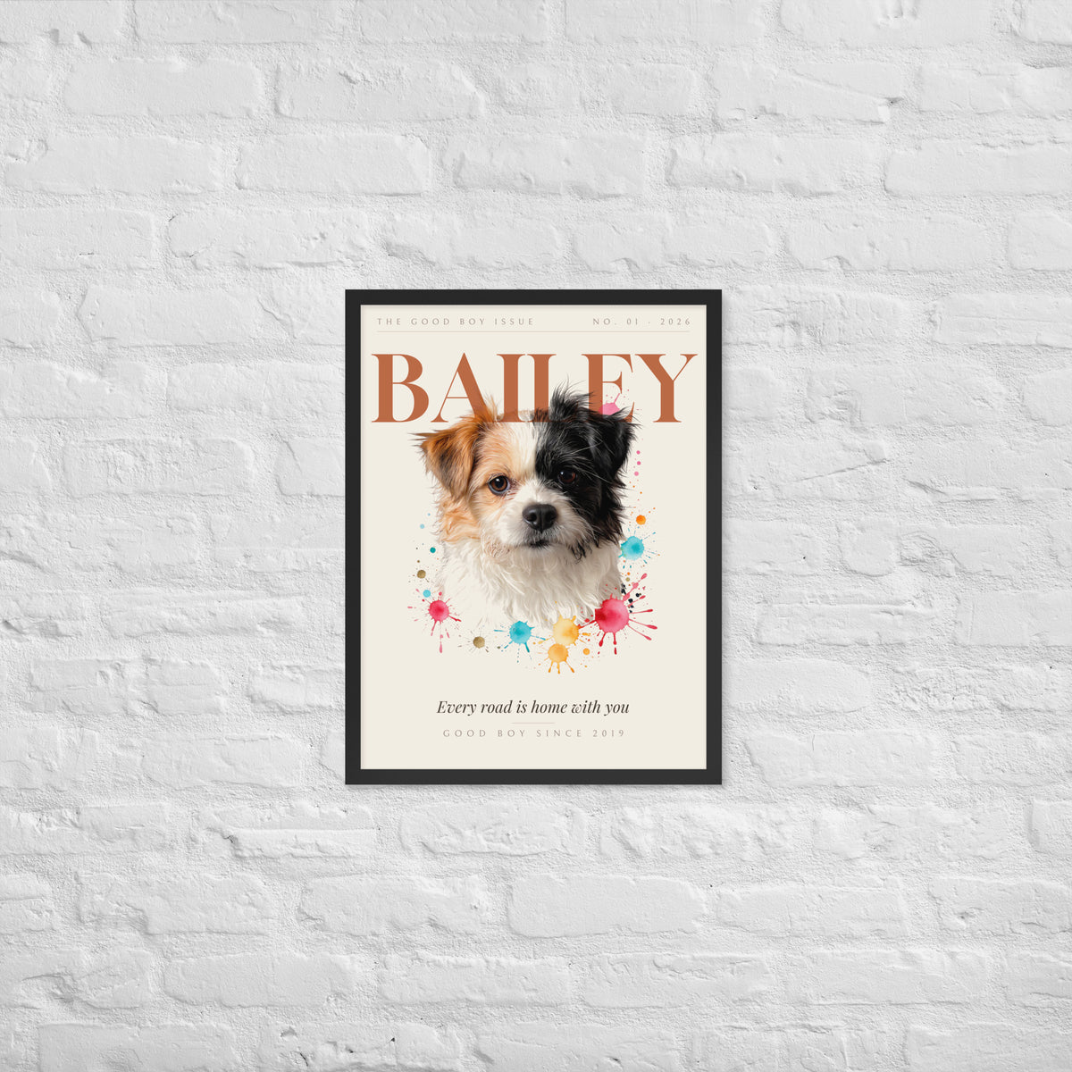 Custom Pet Magazine Cover Portrait – on a white brick wall