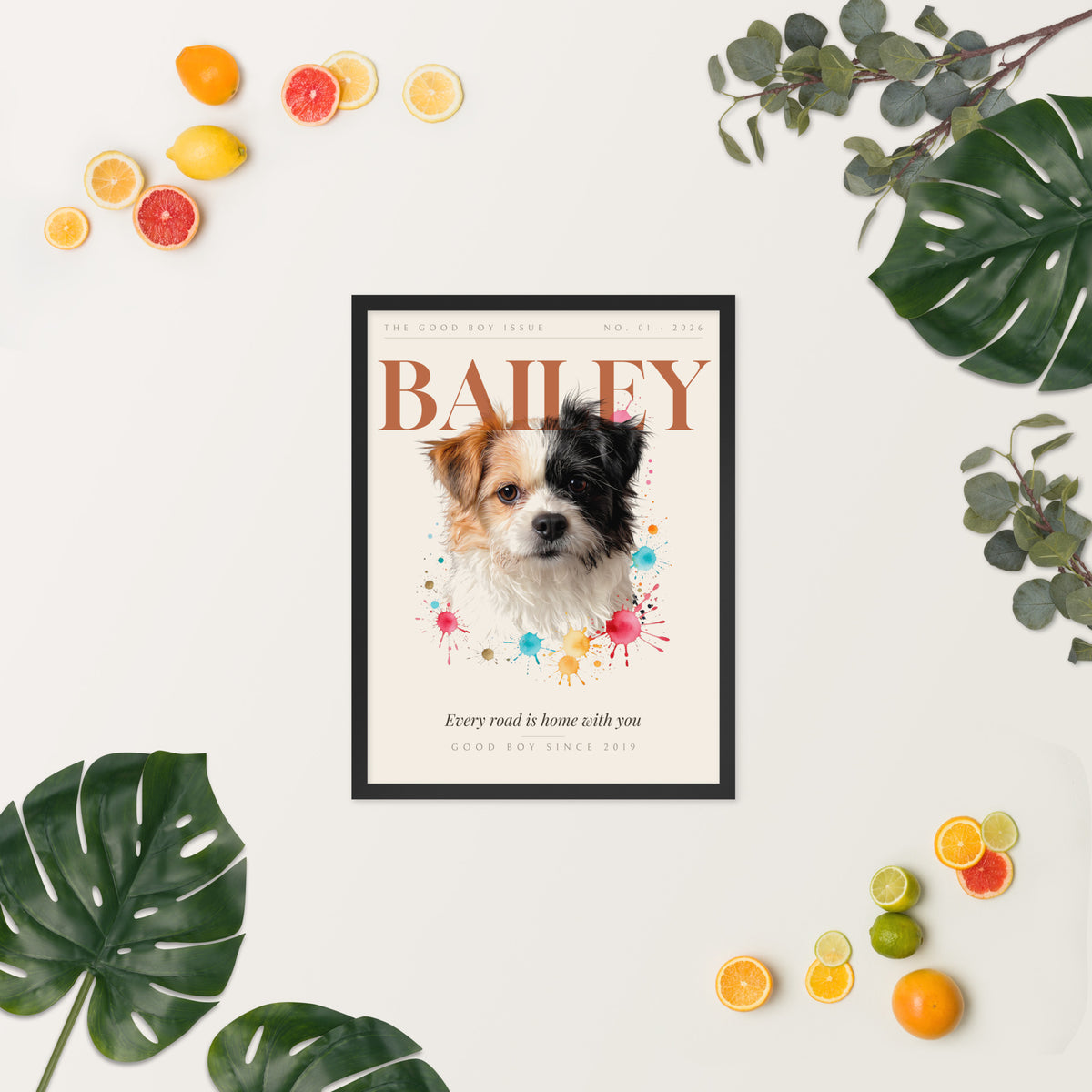 Custom Pet Magazine Cover Portrait – flat lay with monstera leaves and citrus