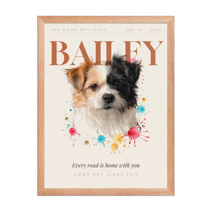 Custom Pet Magazine Cover Portrait – framed print, front view (red oak frame)