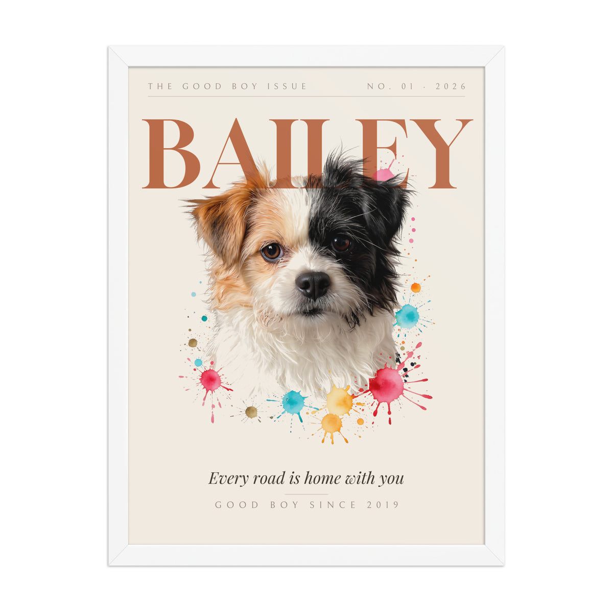Custom Pet Magazine Cover Portrait – framed print, front view (white frame)