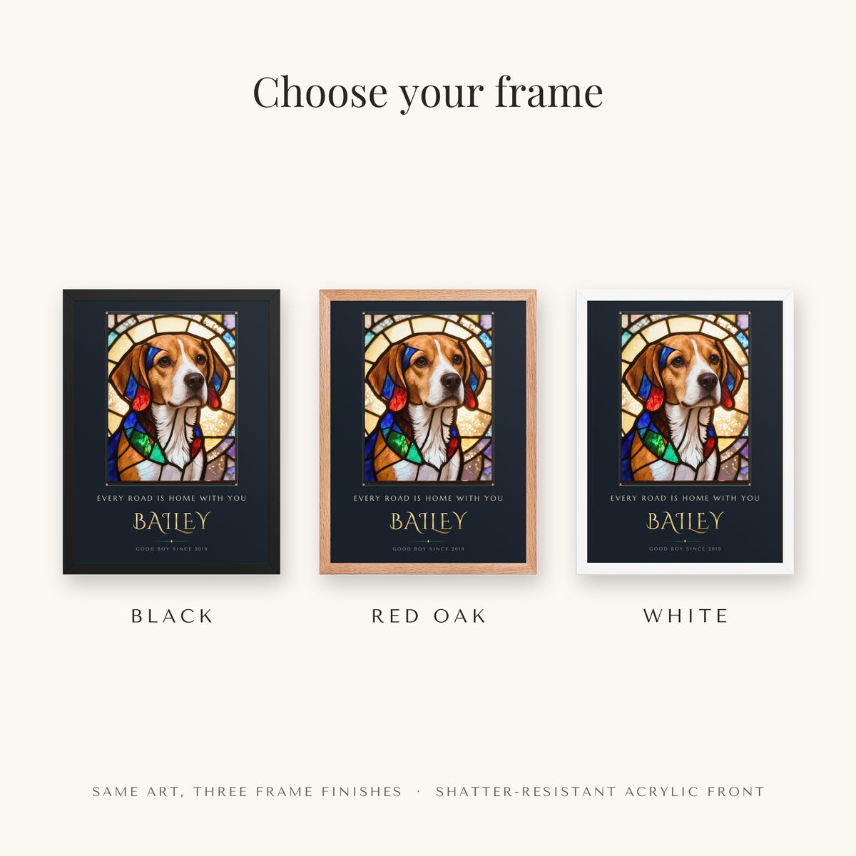 Stained Glass Dog Portrait – frame colors – Framed Print