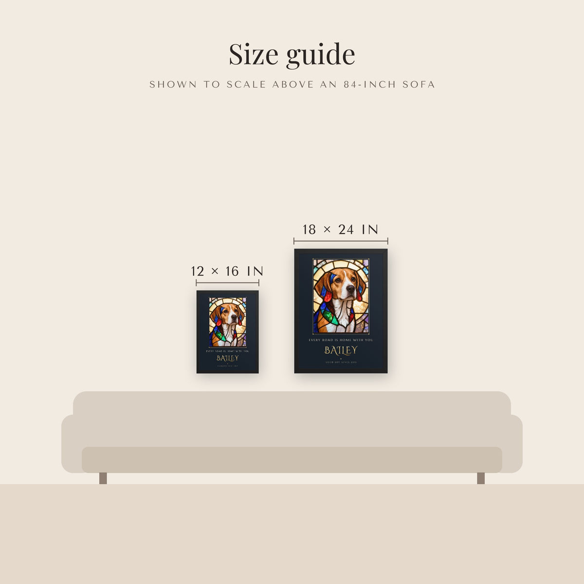Stained Glass Dog Portrait – size guide – Framed Print