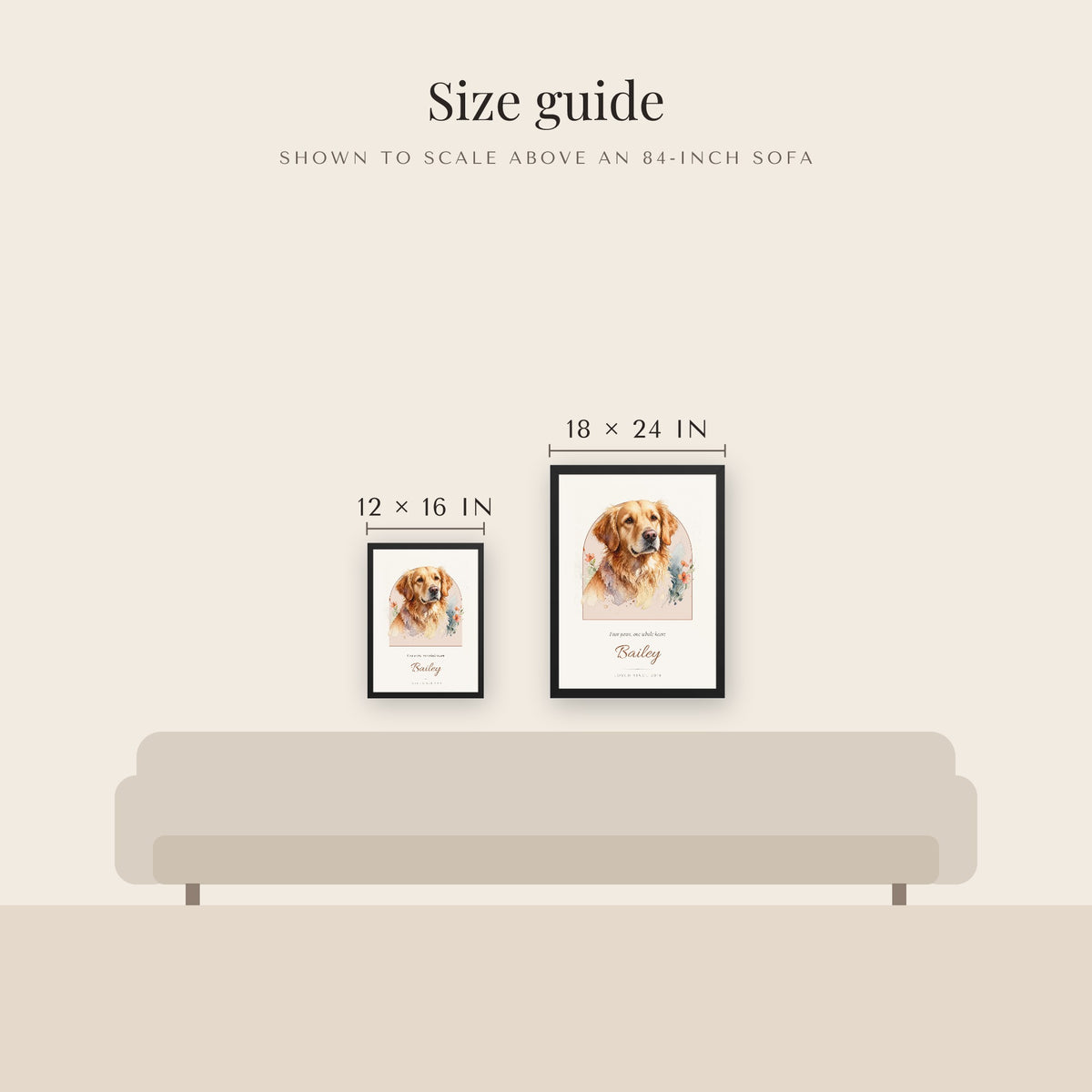Watercolor Dog Portrait Gift for Mom – size guide – Framed Print