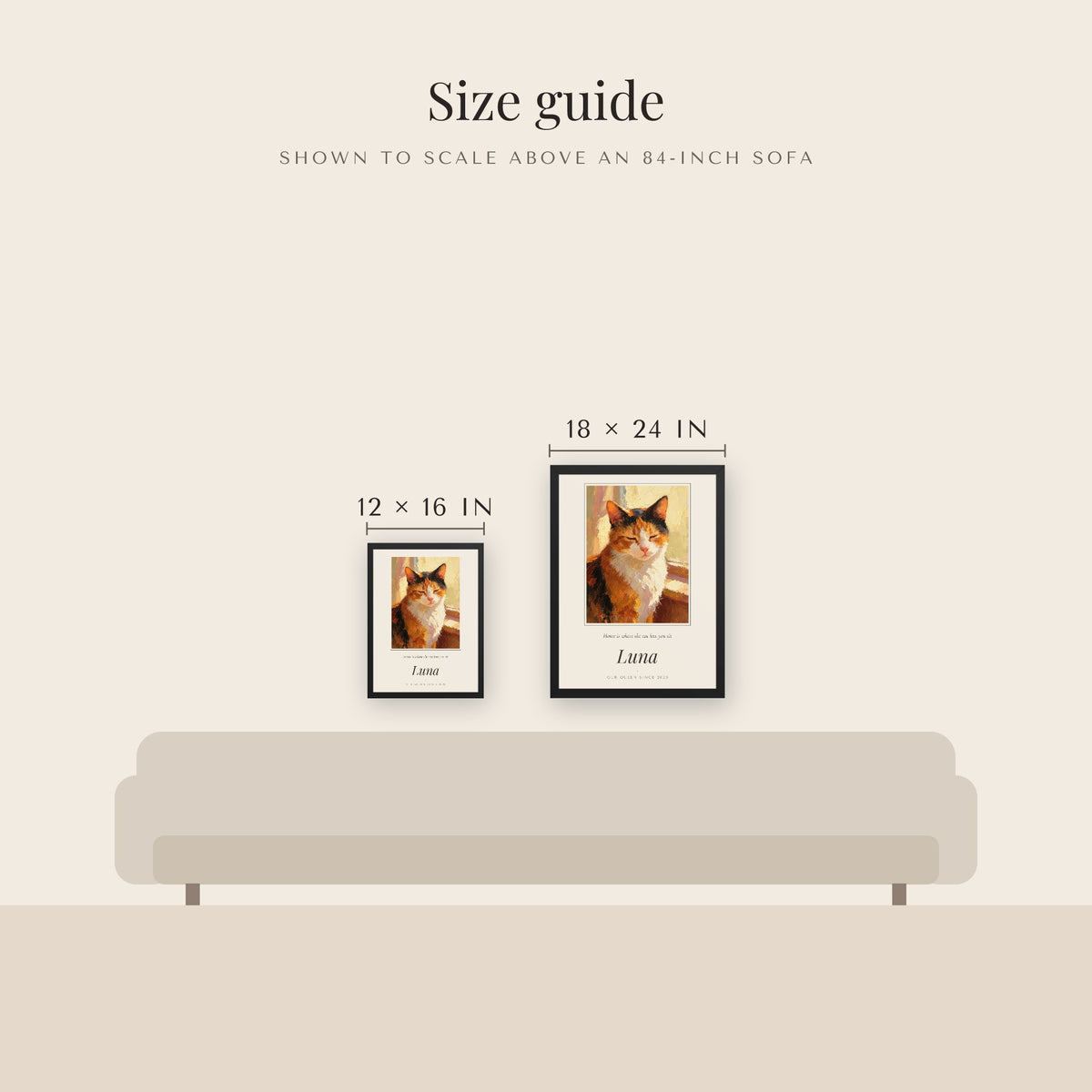 Oil Painting Cat Portrait – size guide – Framed Print